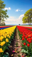 Colorful tulip field with blue sky