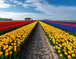 Colorful tulip field under blue skies