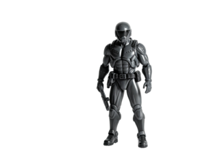 A full-body rendering of a soldier in futuristic armor against black