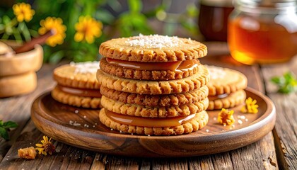 Stacked sandwich cookies on wood plate
