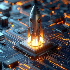 Rocket on a glowing processor chip