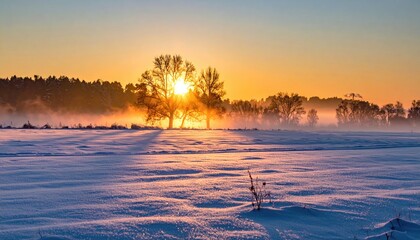 Snowy field with sunlit trees at dawn