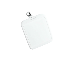 A white plastic ID card holder with a metal clip, isolated on black