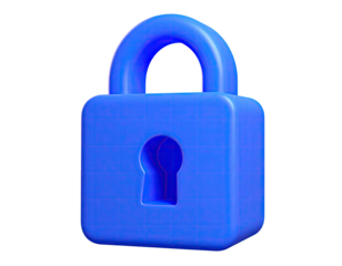 A vibrant, blue, 3D-rendered padlock against a stark black backdrop