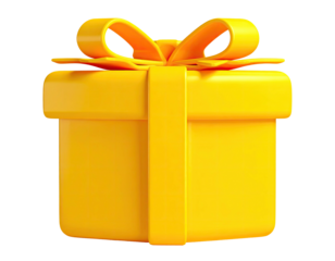 Boxy, yellow gift tied with a bow and ribbon; isolated on a transparent background