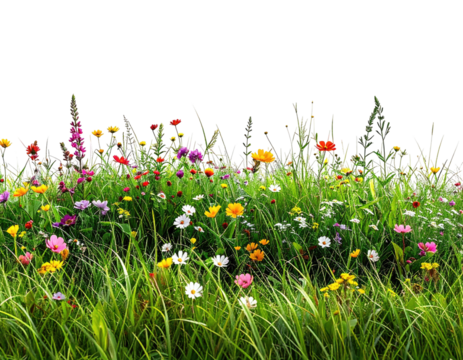 A vibrant, colorful meadow filled with diverse flowers and tall green grass