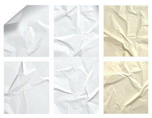 Six sheets of paper showing crumpled, folded, and torn textures
