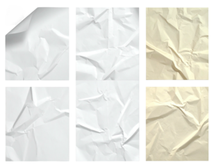 Six sheets of paper showing crumpled, folded, and torn textures
