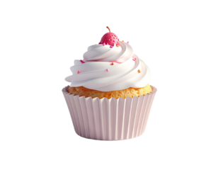 A digital rendering of a cupcake, with frosting and strawberry topping