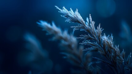 Delicate frost crystals adorn the tips of feathery plant structures, captured in a macro shot against a deep, blurred blue background.
