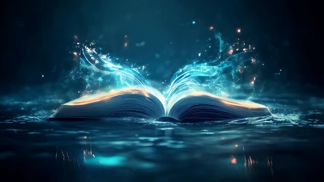 Magic book floating on water with glowing sparks and colorful light effects at night