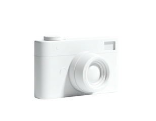 Isolated white minimalist camera on a black backdrop, with shadow play