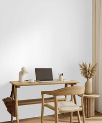 Wooden desk with chair, laptop and decor isolated on transparent PNG background with shadow – minimalist workspace cutout