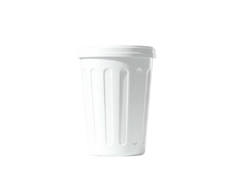 White trash bin with lid, ribbed design, isolated on black background