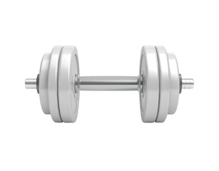 A shiny, silver dumbbell, composed of plates and a central bar