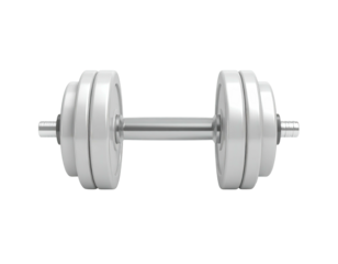 A shiny, silver dumbbell, composed of plates and a central bar