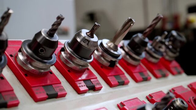 Close-up of a row of highly specialized CNC machine tool holders and drill bits in a tool rack, conveying precision manufacturing and modern industrial equipment