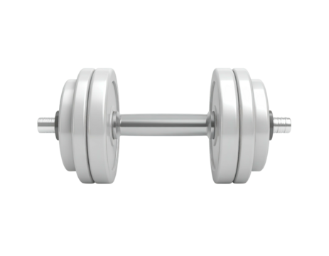 A shiny, silver dumbbell, composed of plates and a central bar
