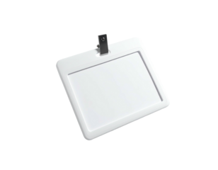 A white, rectangular badge holder with a clip, set against a black background