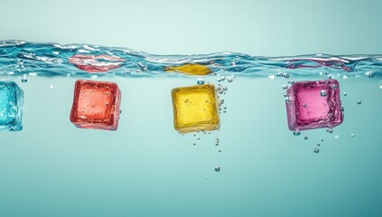 Colored ice cubes bobbing just below a rippling water surface