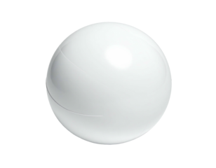 A pristine white sphere floats against a black backdrop with subtle curved markings