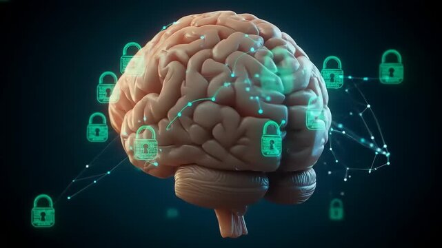 Digital brain with interconnected nodes and padlock symbols representing cybersecurity and data protection
