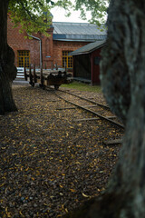 Historic wooden railroad cart loaded with logs