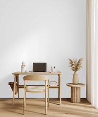 Minimal wooden desk with chair, laptop and vase decor isolated on transparent PNG background with shadow effect
