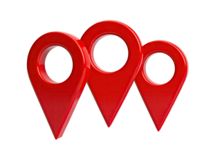 Three shiny, red location markers arranged in a slightly offset horizontal line on black