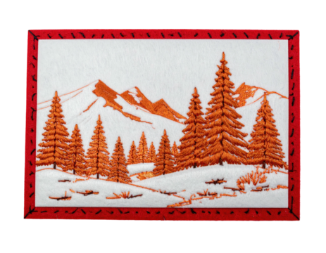 Embroidered landscape of autumn forest and mountains within a red stitched border