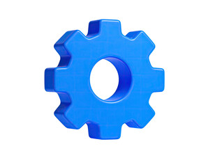 A glossy blue gear, set against a stark black background, isolated