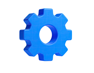 A glossy blue gear, set against a stark black background, isolated