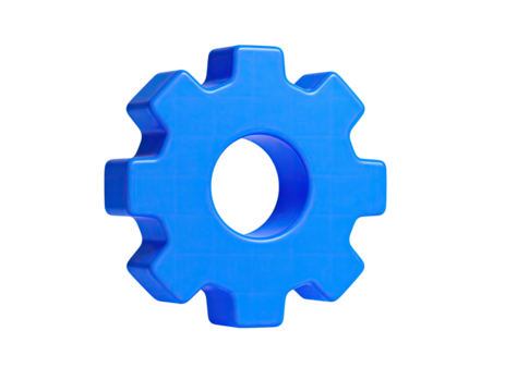 A glossy blue gear, set against a stark black background, isolated
