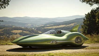 Sleek, green race car, landscape backdrop, retro-futurism
