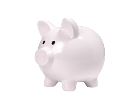Glossy, ceramic, white pig-shaped bank on a black background