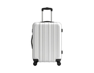A vertical shot of a sleek, white rolling suitcase with a retractable handle