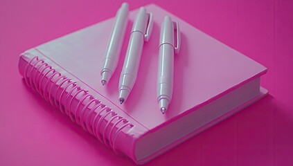 Pink notebook with pens, monochrome scene