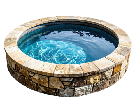 Circular hot tub with stone siding filled with clear, rippling blue water