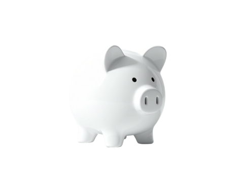 Gleaming white piggy bank with round body and simplistic facial features, black back