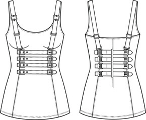 Fitted buckle strap top technical sketch, front and back view, sleeveless design, fashion flat, CAD drawing, vector illustration, garment construction