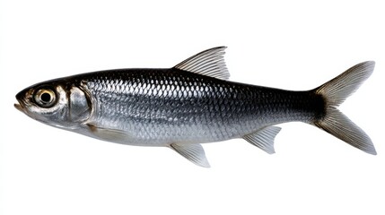 Obraz premium A striking fish with a glossy black body swimming gracefully in a pristine environment contrasting with a bright white background of pure tranquility