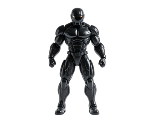 Muscular armored figure stands facing forward, metallic sheen, glowing eyes