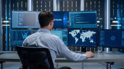 Man working at a desk with multiple monitors displaying code and a world map in a server room setting
