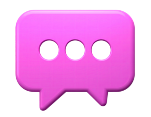 A glossy, pink 3D chat bubble icon with three dots on a black background