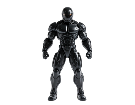 Muscular armored figure stands facing forward, metallic sheen, glowing eyes