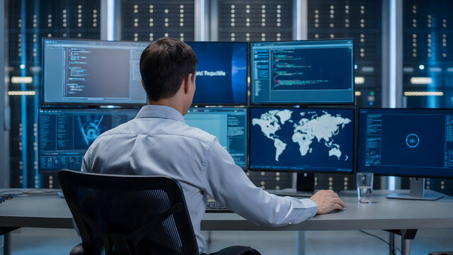 Man working at a desk with multiple monitors displaying code and a world map in a server room setting