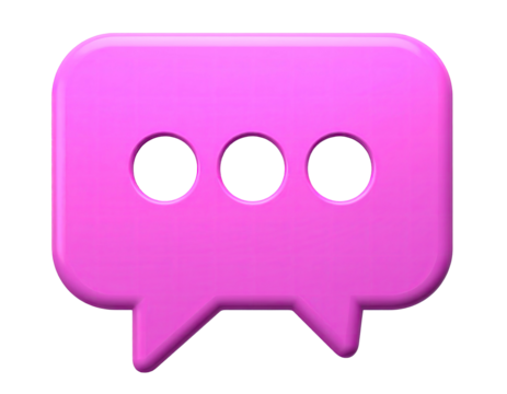 A glossy, pink 3D chat bubble icon with three dots on a black background