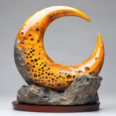 Crescent moon sculpture on rough rock base, smooth top