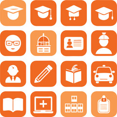 Collection of education and professional icons featuring graduation caps people books and buildings on orange background