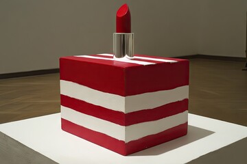 Lipstick atop red/white striped box art piece